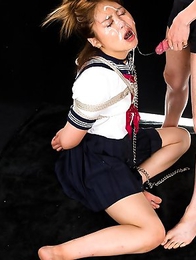 Schoolgirl Ayano Hidaka gags sloppily all over herself when her mouth is stuffed with cock.
